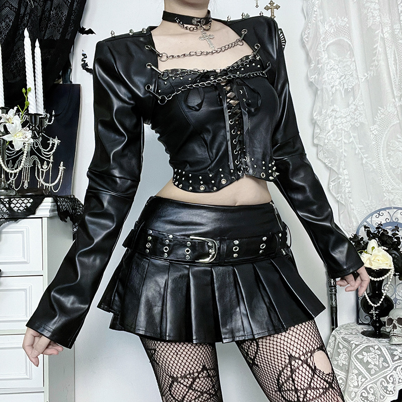 Black leather jacket with chain details from eprolo, featuring a stylish design and silver chain accents on the front.
