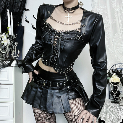 Black leather jacket with chain details, stylish eprolo men's outerwear featuring metal accents and a modern design.