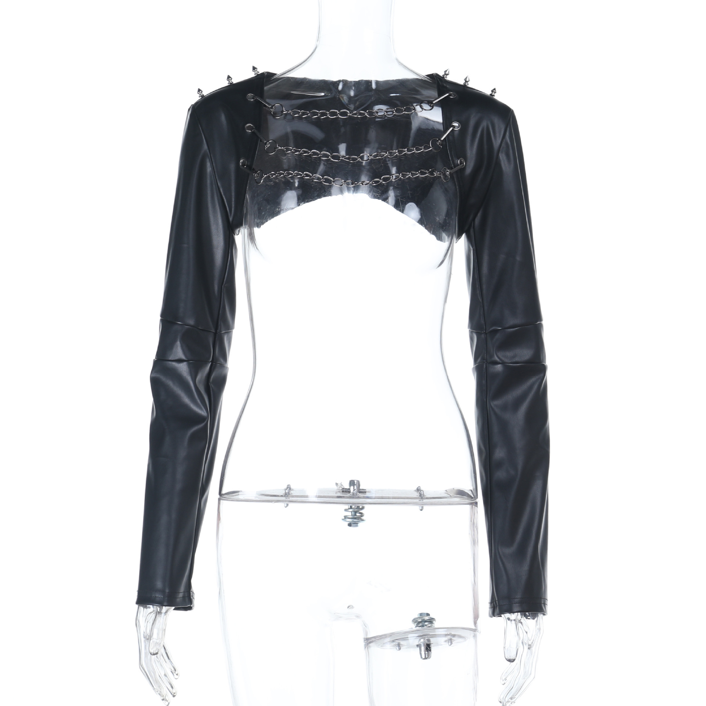 Black leather jacket with chain details, featuring a stylish design and metal chain accents on the eprolo brand leather jacket.