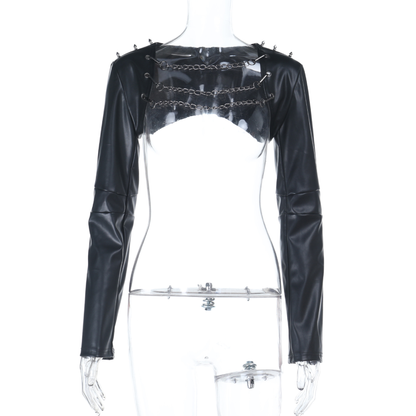 Black leather jacket with chain details, featuring a stylish design and metal chain accents on the eprolo brand leather jacket.