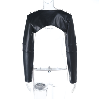 Black leather jacket with chain details from eprolo, featuring a sleek design and silver chain accents on the shoulders.