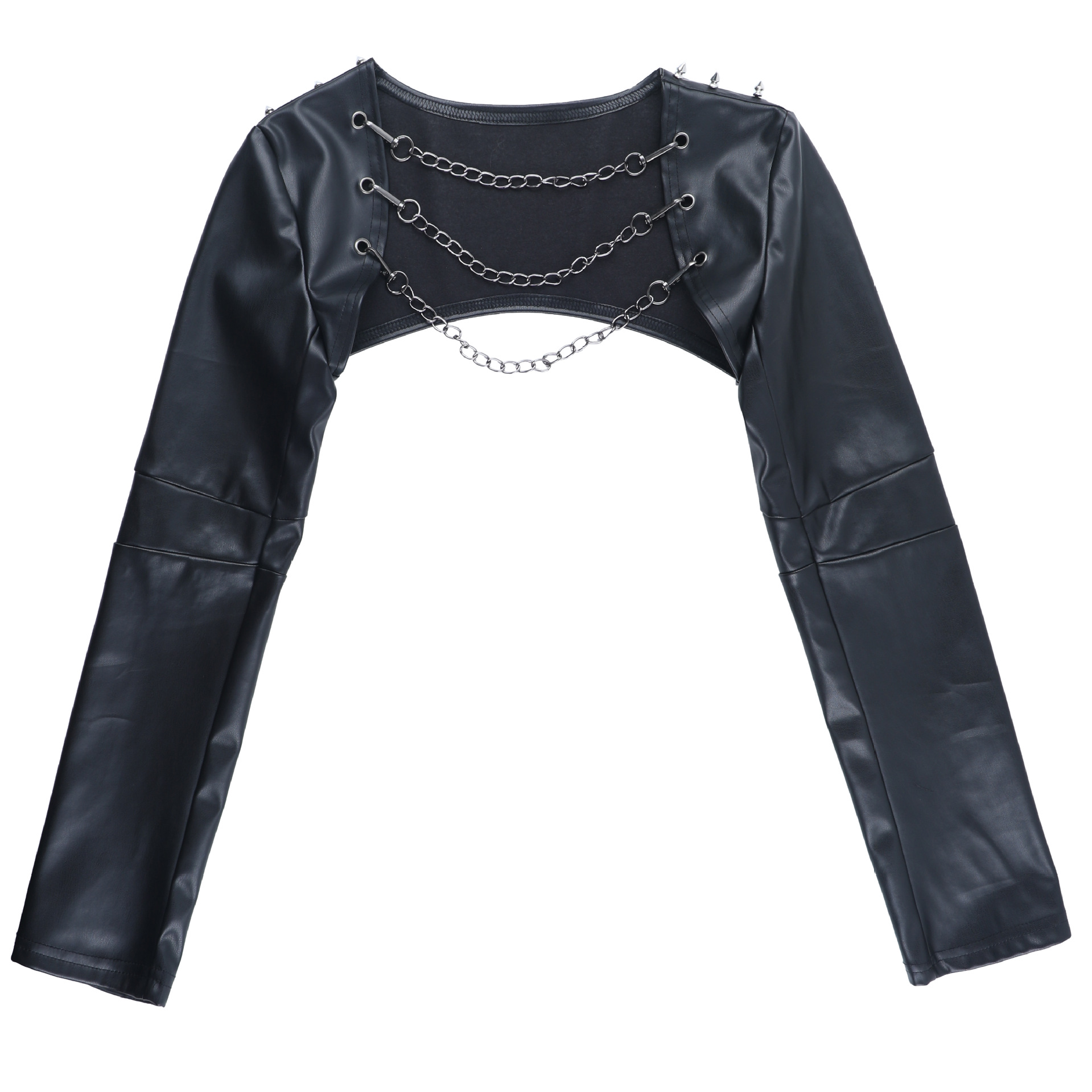 Black leather jacket with chain details from eprolo, featuring a sleek design and metal chain accents on the front.