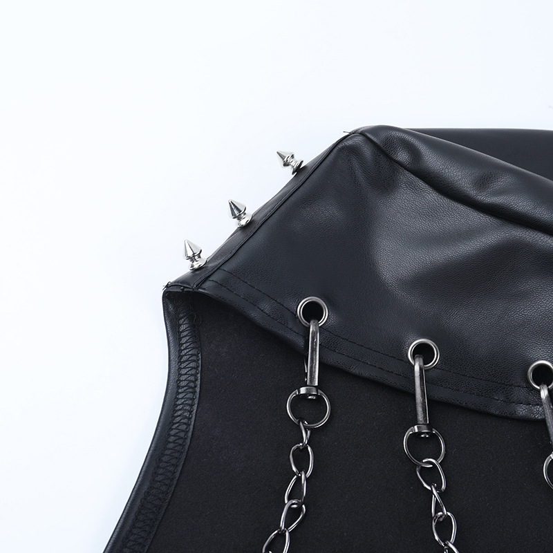 Black leather jacket with chain details, stylish eprolo men's outerwear, featuring metal chain accents on the shoulders and collar.