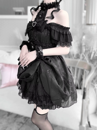 Sweet Gothic Lolita dress by eprolo featuring black fabric with lace and bows, styled with ruffles and a fitted bodice.