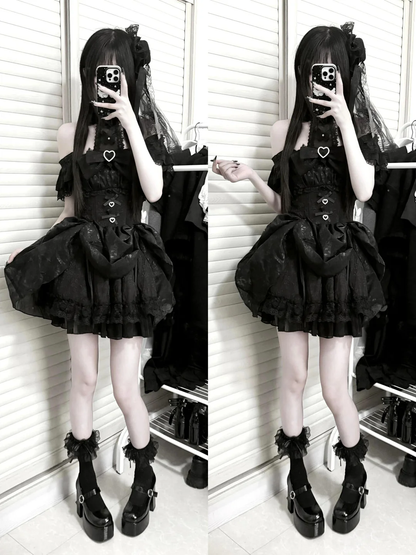 Gothic Lolita dress by eprolo with lace details, ruffled skirt, and dark elegant design, perfect for gothic fashion style.