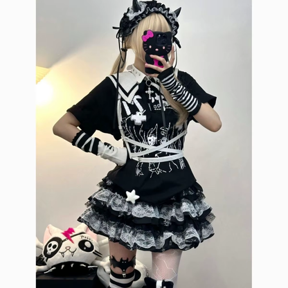 Vintage Lolita style T-shirt and skirt set by eprolo, featuring a Japanese-inspired design with floral and lace details.