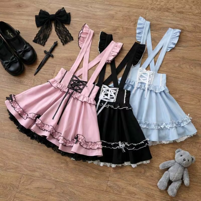 Eprolo Jirai Kei Stil sleeveless cute skirt dress with floral pattern, lightweight fabric, and fitted waist on a model.
