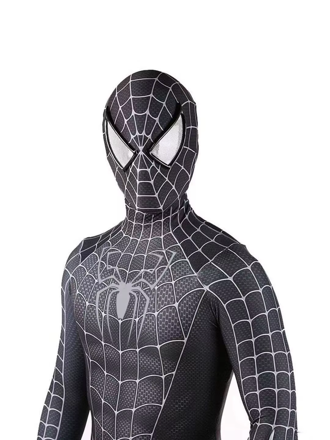 Shadora Spider Venom costume featuring a black and red spider-themed bodysuit with web details and matching mask.