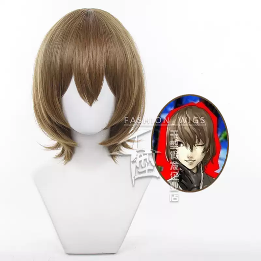 Goro Akechi cosplay with wig from Megami Tensei, featuring detailed costume and styled black hair wig, on a plain background.