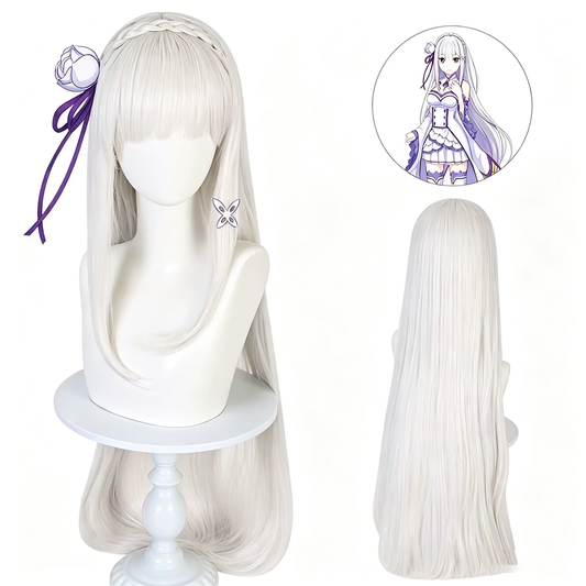 Emilia cosplay with matching wig from Re:Zero featuring Shadora brand costume and blonde hair in a detailed costume.