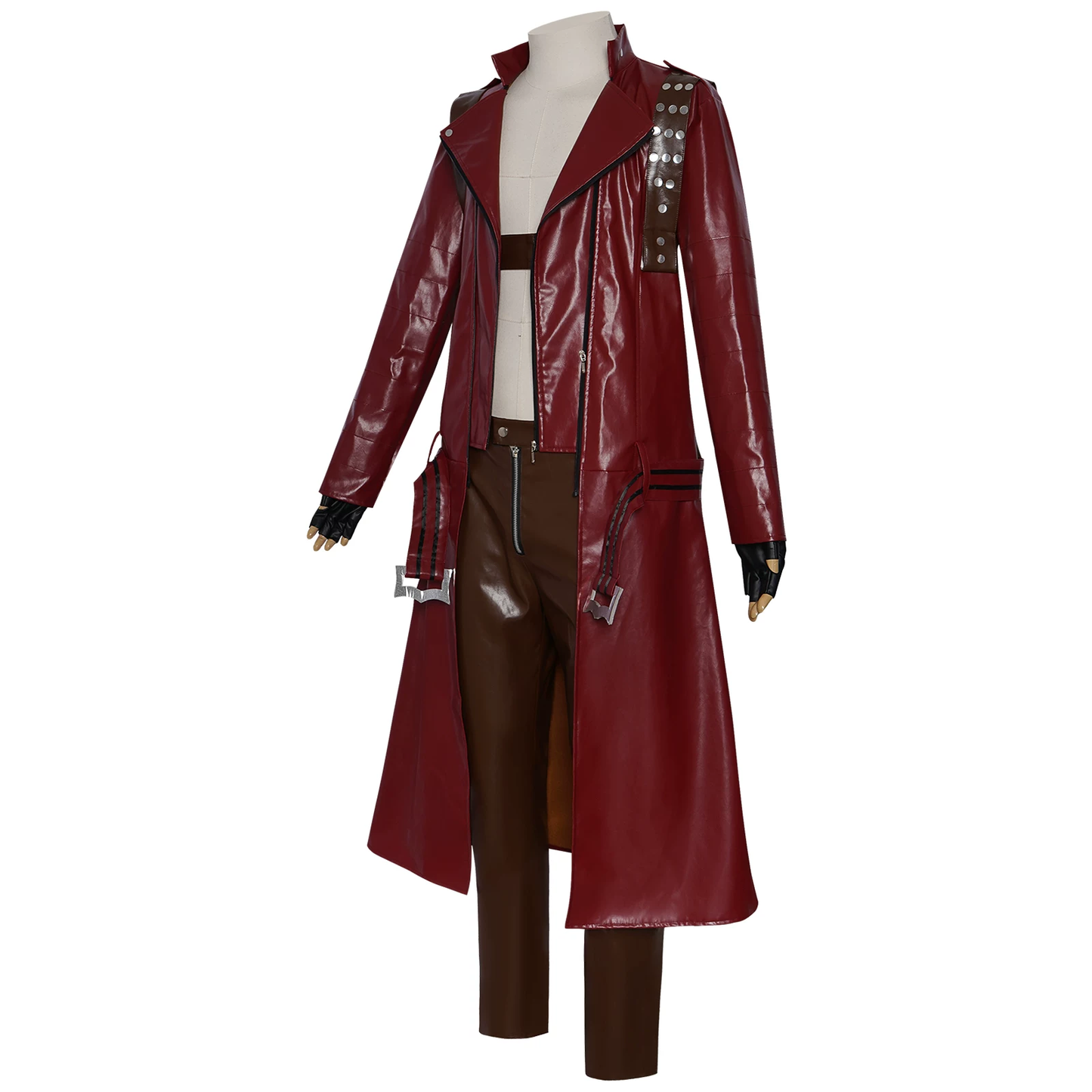 Dante cosplay costume with red coat and black pants from Devil May Cry, featuring Shadora brand accessories and a matching wig.