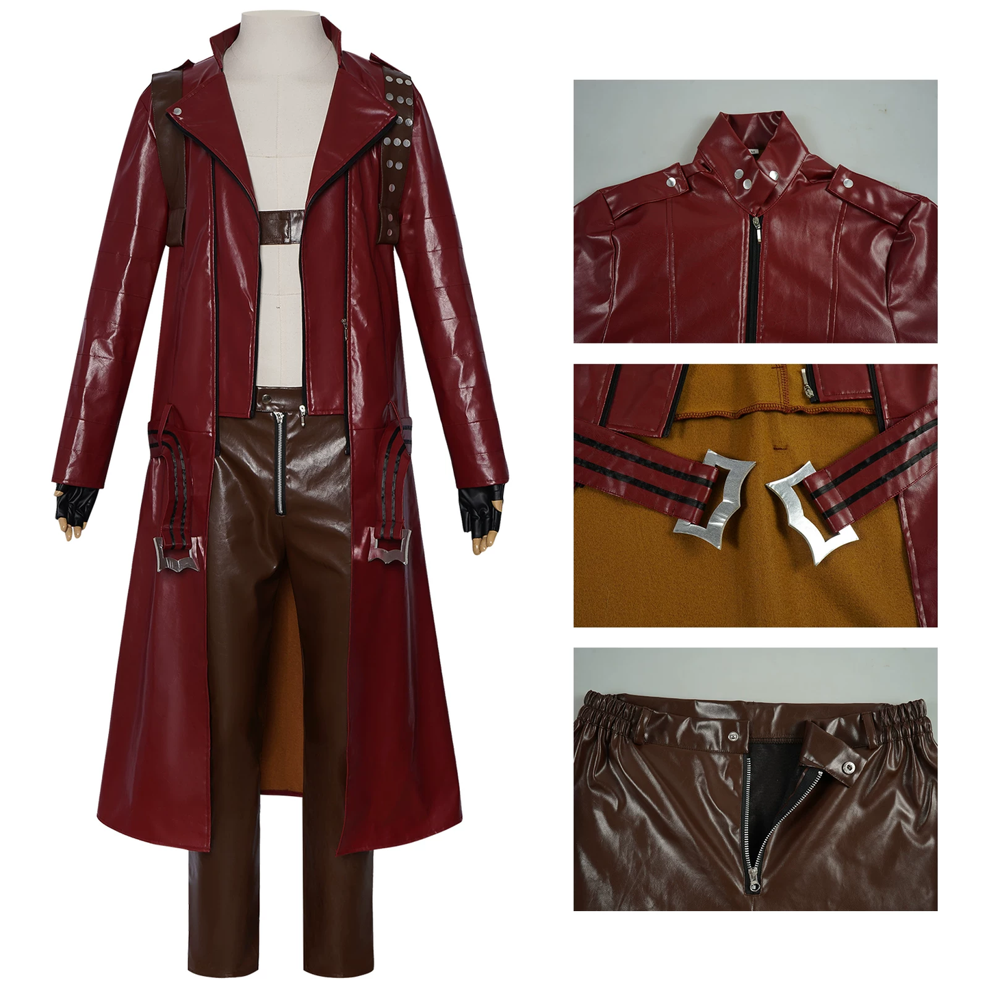 Shadora Dante cosplay costume with wig from Devil May Cry, featuring detailed red and black armor and styled wig.