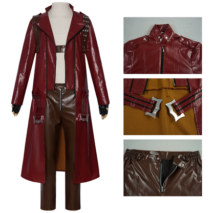 Shadora Dante cosplay costume with wig from Devil May Cry, featuring detailed red and black armor and styled wig.