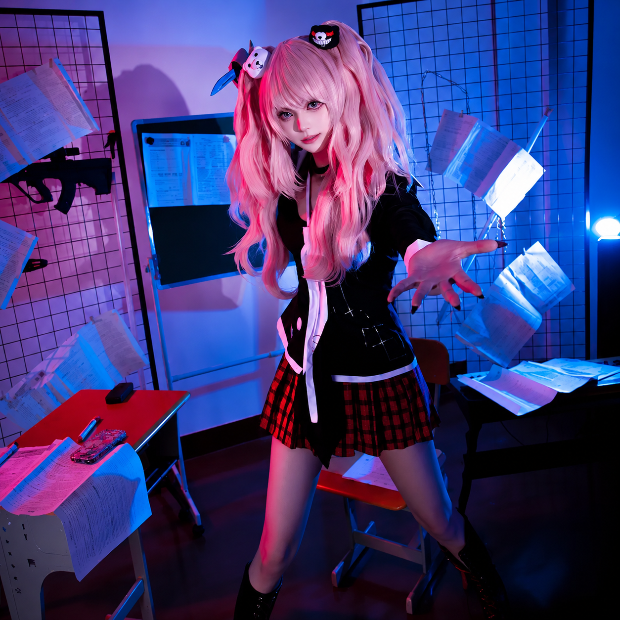 Enoshima Junko cosplay with wig from Danganronpa, featuring her signature outfit and vibrant hairstyle, by Shadora.