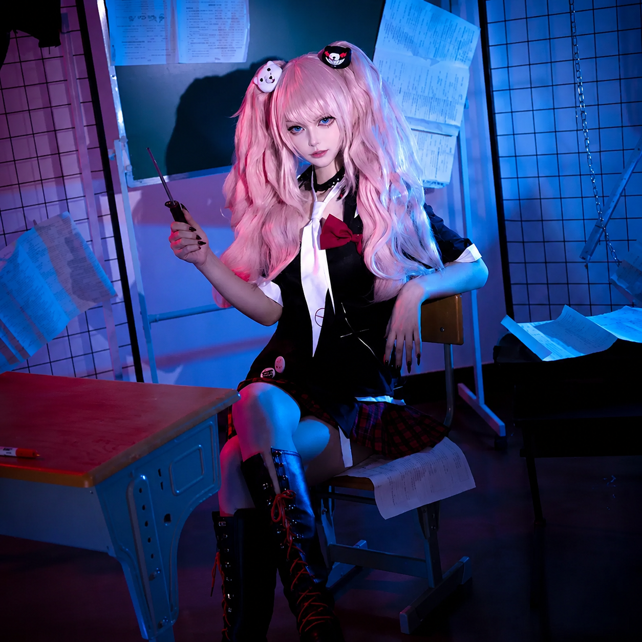 Enoshima Junko cosplay costume and wig from Danganronpa by Shadora, featuring detailed character outfit and vibrant pink hair.