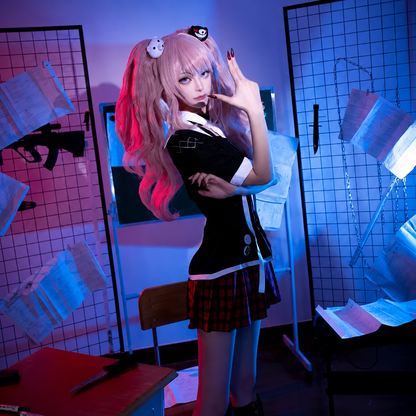 Enoshima Junko cosplay with wig from Danganronpa, featuring her distinctive pink and black hairstyle and detailed costume from Shadora.