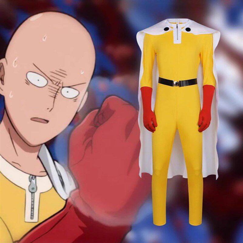 Shadora Saitama cosplay from One Punch Man featuring the character's iconic yellow jumpsuit and white cape.