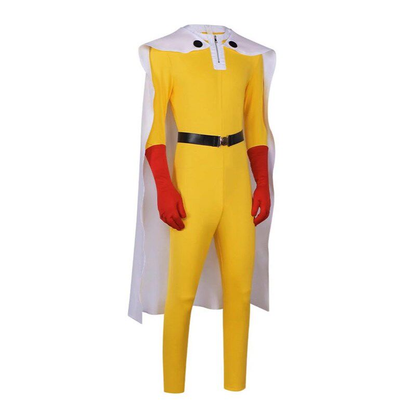 Shadora Saitama One Punch Man cosplay costume featuring yellow jumpsuit, white cape, and red gloves, front view.
