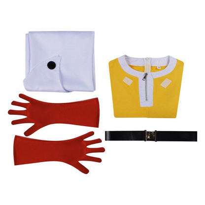 Shadora Saitama One Punch Man cosplay costume featuring the character's iconic yellow jumpsuit and white cape.