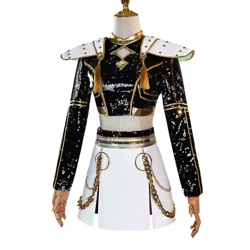 Shadora KPop Demon Hunters cosplay costumes featuring Rumi, Mira, and Zoey characters, shown in detailed costume designs.