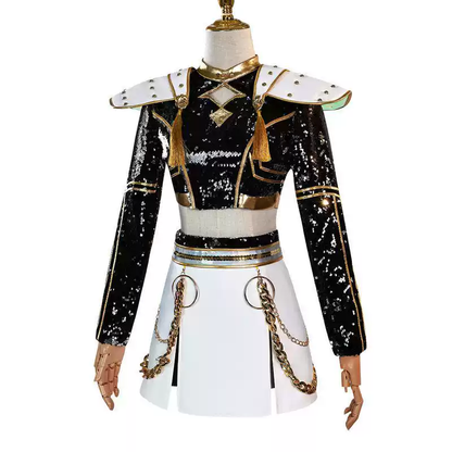Shadora KPop Demon Hunters cosplay costumes featuring Rumi, Mira, and Zoey characters, shown in detailed costume designs.