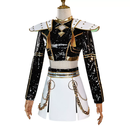 KPop Demon Hunters cosplay costumes featuring Rumi, Mira, and Zoey characters from Shadora, shown in detailed costume images.