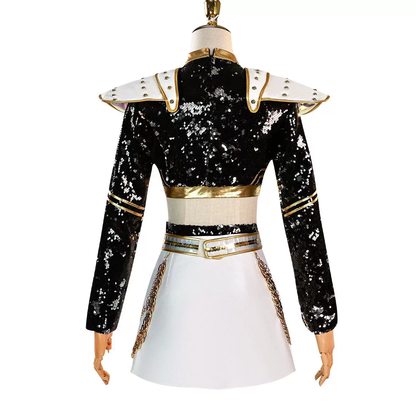 KPop Demon Hunters cosplay costumes featuring Rumi, Mira, and Zoey from Shadora, displayed in detailed, colorful designs.