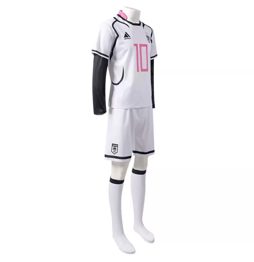 Blue Lock Sae Itoshi cosplay costume with blue wig, featuring detailed sportswear and accessories, by Shadora.
