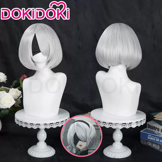 Shadora 2B Cosplay wig with black and white layered hairstyle, styled for 2B character costume, detailed and realistic.