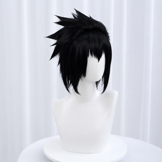 Sasuke Uchiha cosplay costume with black wig from Naruto, featuring detailed clothing and accessories, by Shadora.
