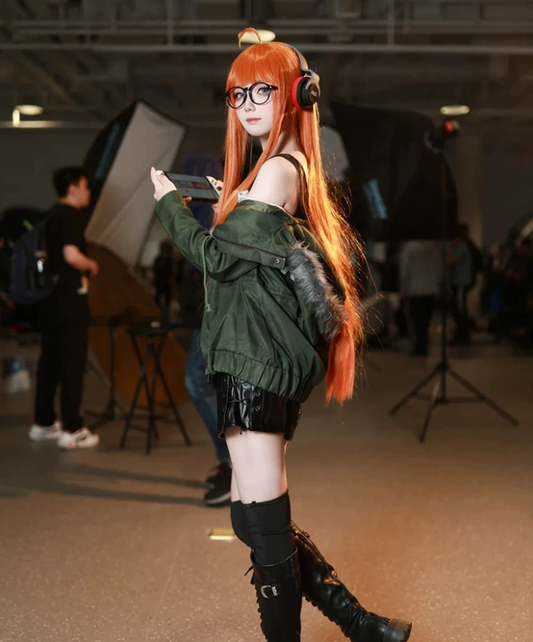 Futaba Sakura cosplay with wig from Persona 5, featuring detailed costume and vibrant blue hair wig by Shadora.
