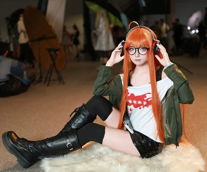 Futaba Sakura cosplay with wig from Persona 5, featuring detailed costume and vibrant blue hair styled for cosplay authenticity.