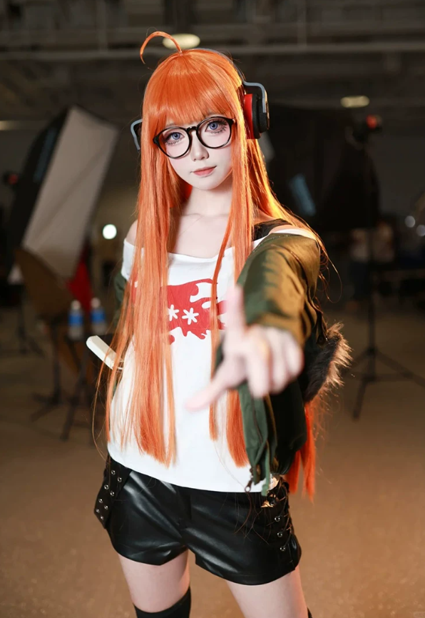 Futaba Sakura cosplay costume and wig from Persona 5, featuring detailed clothing and vibrant pink hair wig by Shadora.