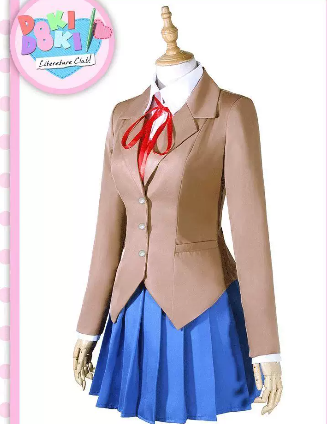 Shadora Doki Doki Literature Club cosplay featuring Natsuki, Yuri, Sayori, and Monika with matching wigs, detailed costume designs.