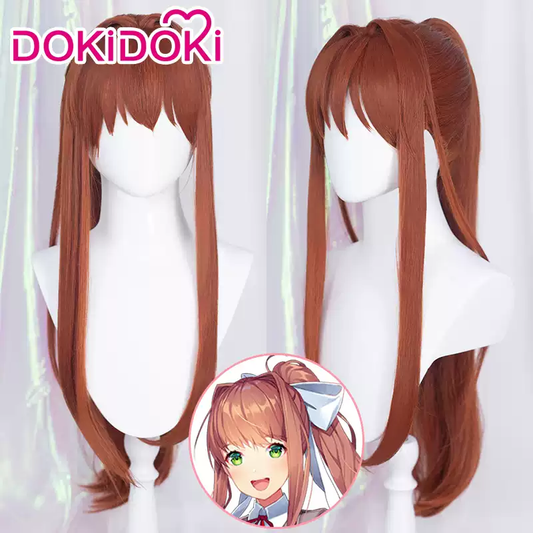 Doki Doki Literature Club! cosplay featuring Natsuki, Yuri, Sayori, and Monika with wigs by Shadora, detailed costume images.