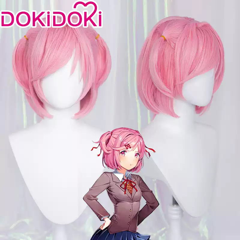 Shadora Doki Doki Literature Club cosplay featuring Natsuki, Yuri, Sayori, and Monika with matching wigs and costumes.