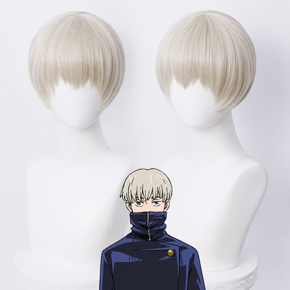 Shadora Toge Inumaki cosplay with wig from Jujutsu Kaisen, featuring character's white hair and costume detail.