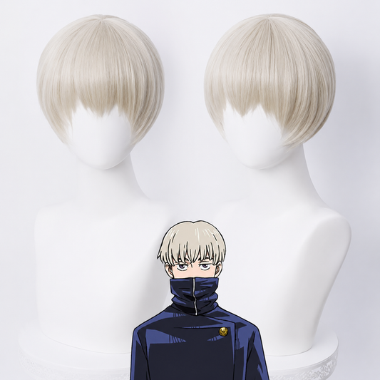 Shadora Toge Inumaki cosplay with wig from Jujutsu Kaisen, featuring character's white hair and costume detail.