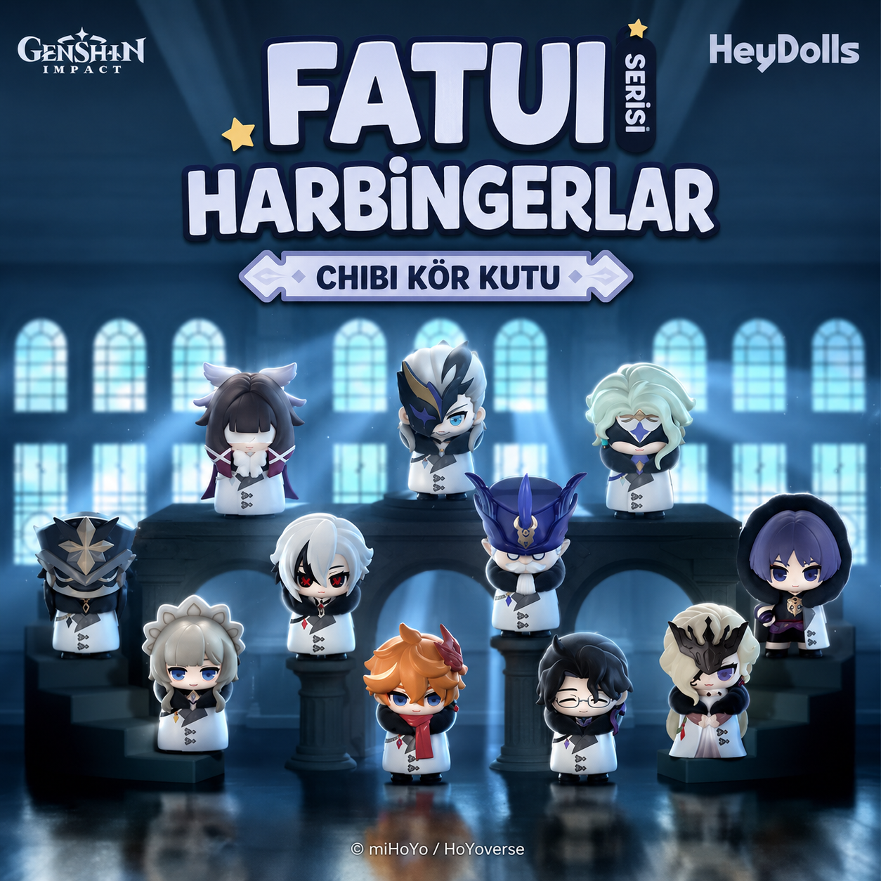 Shadora Süpriz Kutu Chibi Figür Fatui Üyeleri from Genshin Impact, featuring colorful, stylized characters in a playful pose.