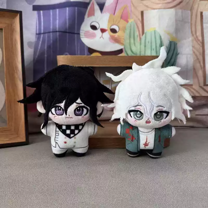 Shadora Danganronpa plush toys featuring Kokichi Oma, Chiaki Nanami, and Nagito Komaeda, soft collectible character plushies.