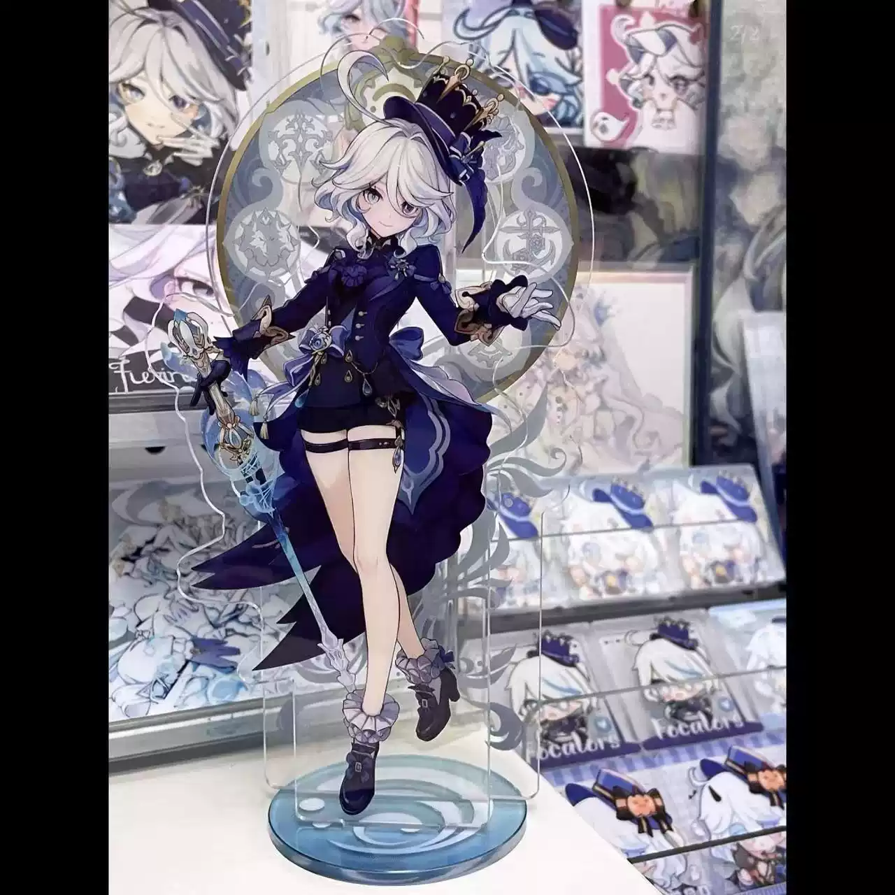 Acrylic stand featuring Furina from Genshin Impact, with detailed character design and vibrant colors, by Shadora.