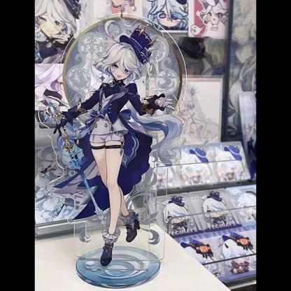 Acrylic stand of Furina from Genshin Impact by Shadora, featuring detailed character artwork on a clear display stand.