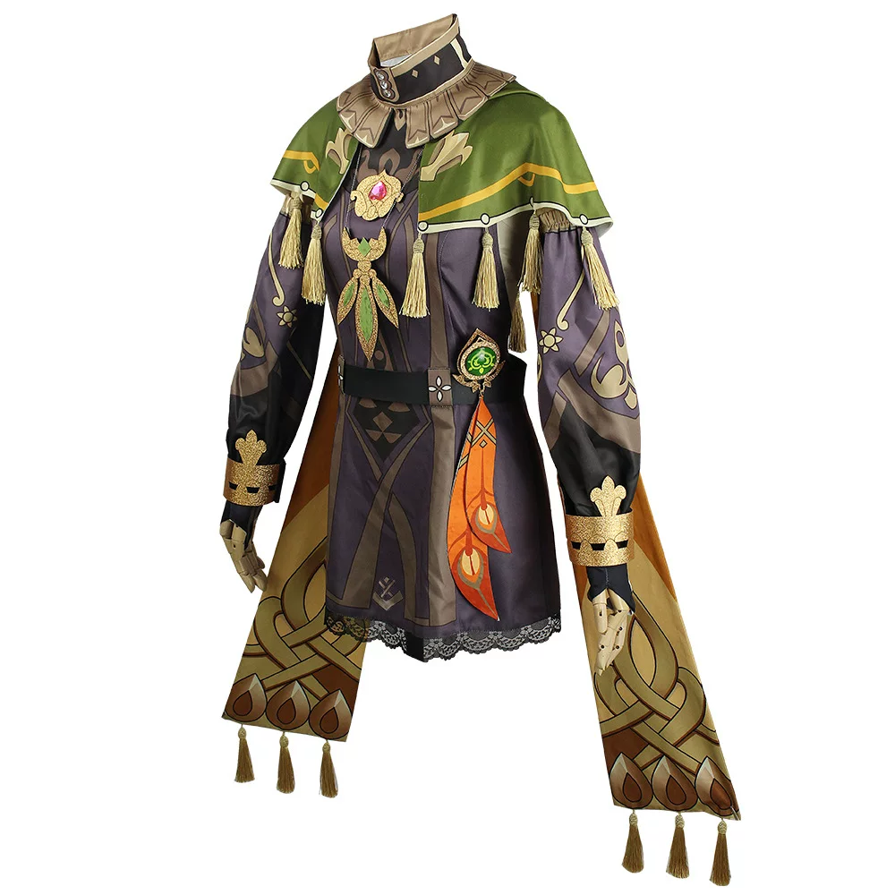 Shadora Collei cosplay costume with wig from Genshin Impact, featuring detailed green hair and costume elements on a model.