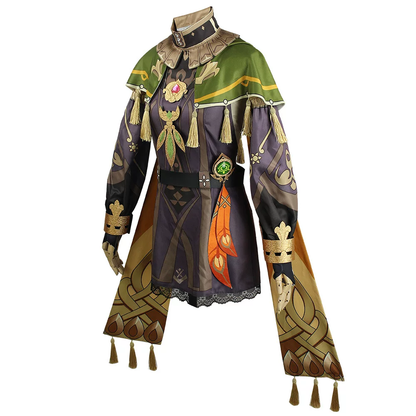 Shadora Collei cosplay costume with wig from Genshin Impact, featuring detailed green hair and costume elements on a model.