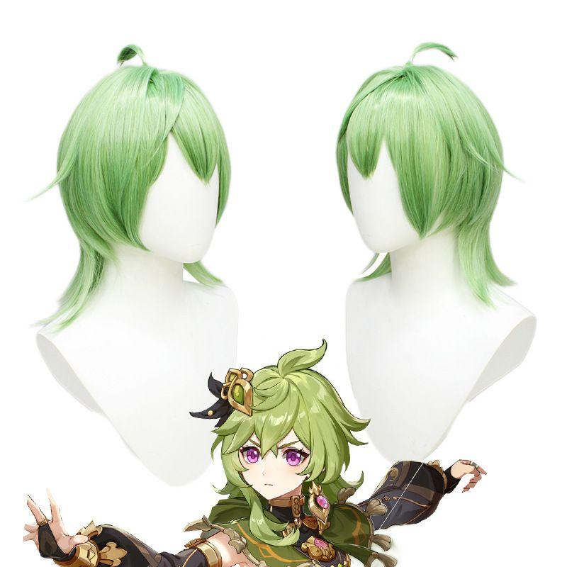 Shadora Collei cosplay and wig from Genshin Impact featuring a detailed costume and vibrant orange wig on a mannequin.