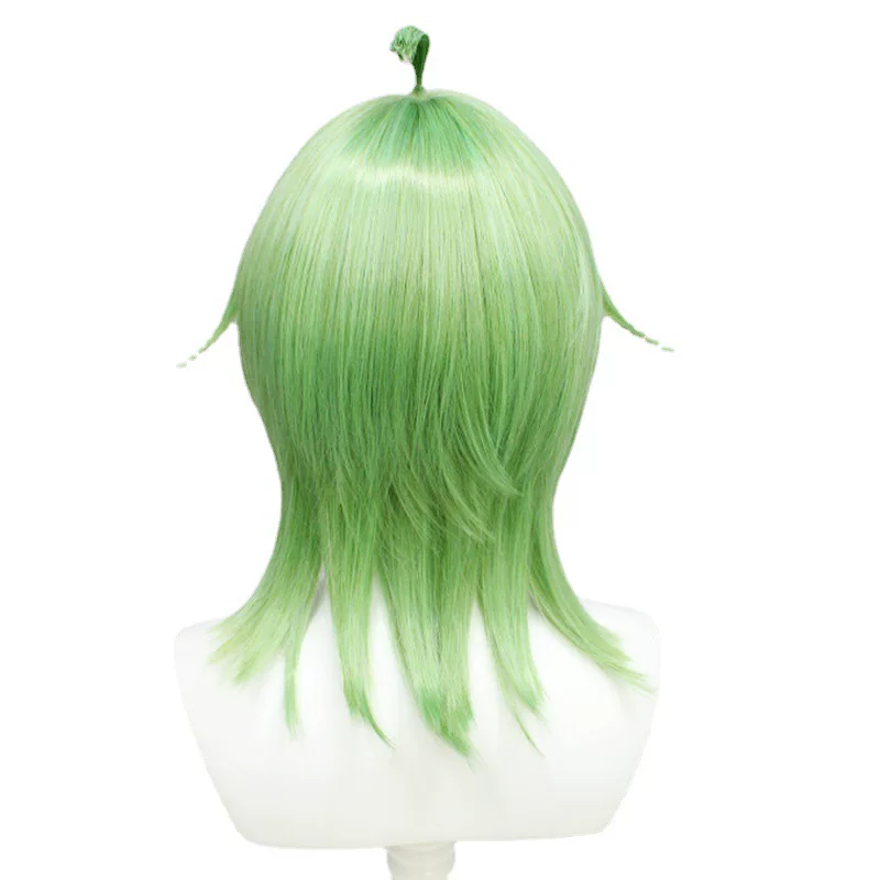 Shadora Collei Genshin Impact cosplay costume with brown wig, detailed green and brown outfit, and accessories for cosplay display.