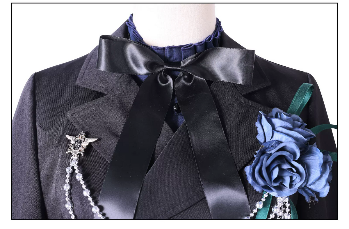Shadora Ciel Cosplay wig in black, styled for Black Butler costume, featuring sleek black hair with side parting and neat finish.