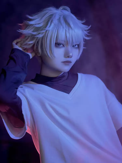 Killua Cosplay with wig from Hunter X Hunter featuring detailed costume and vibrant blue hair styled for accurate appearance.