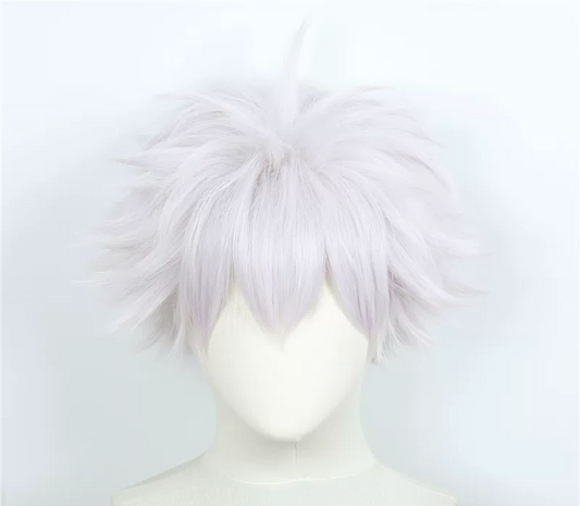 Killua Zoldyck cosplay costume with blue wig from Hunter X Hunter by Shadora, featuring character's signature outfit and hairstyle.