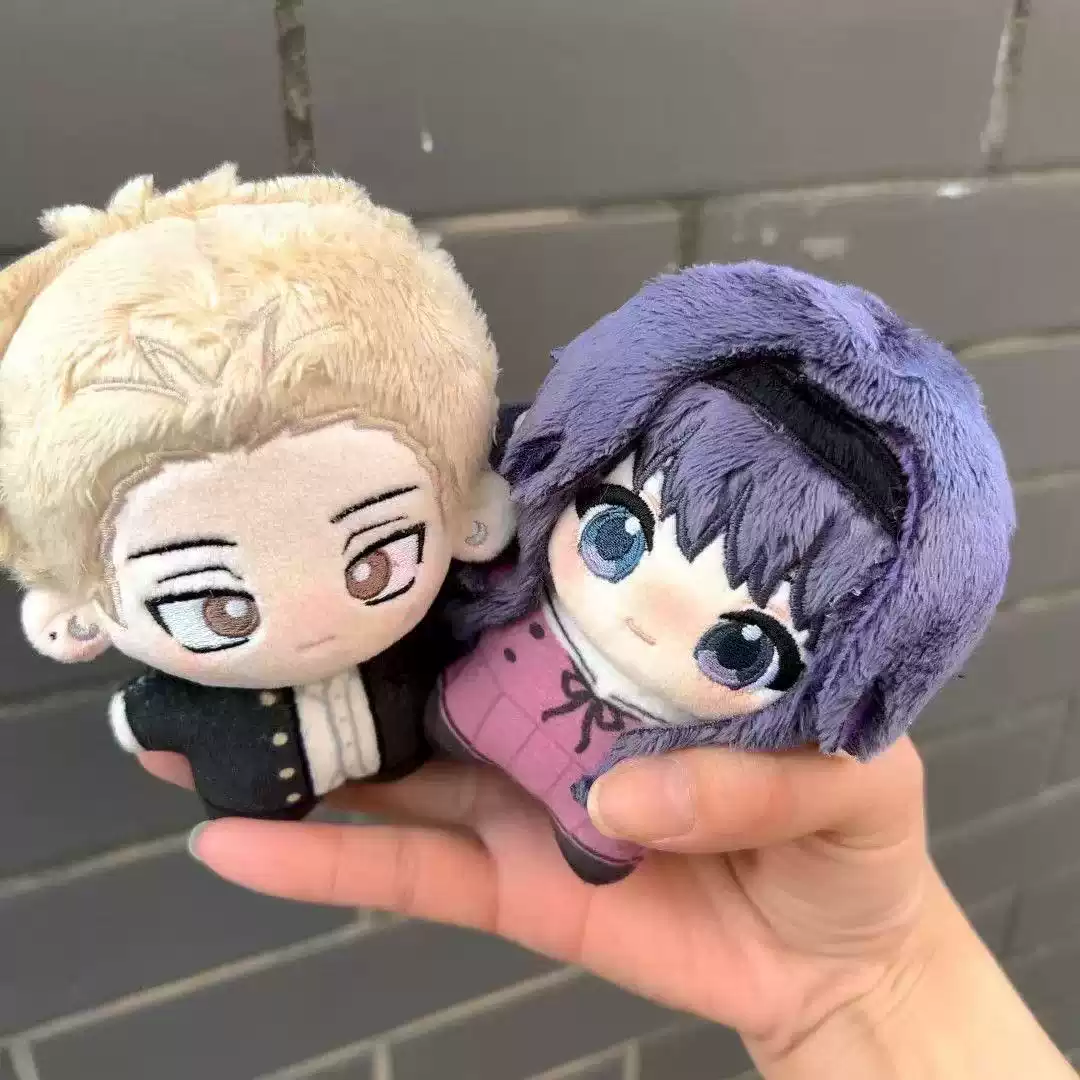 Shadora Kaoruko Waguri and Rintarō Tsumugi plush toys, soft fabric characters with detailed features, on a neutral background.